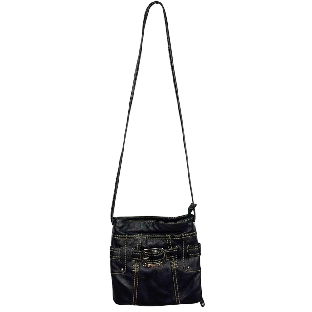 Tignanello Crossbody Bag Small Black Leather Buckle Detail Contrast Stitch Boho